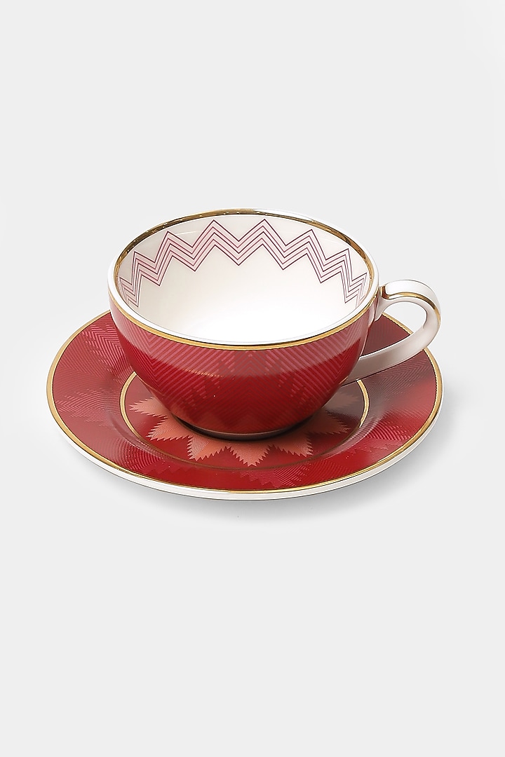 Pink Ikkat Cup & Saucer Set (Set of 2 Cups & 2 Saucers) by Ritu Kumar Home at Pernia's Pop Up Shop