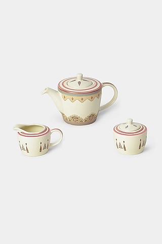 Beige & Pink Minar Kettle Set (Set of 3) by Ritu Kumar Home
