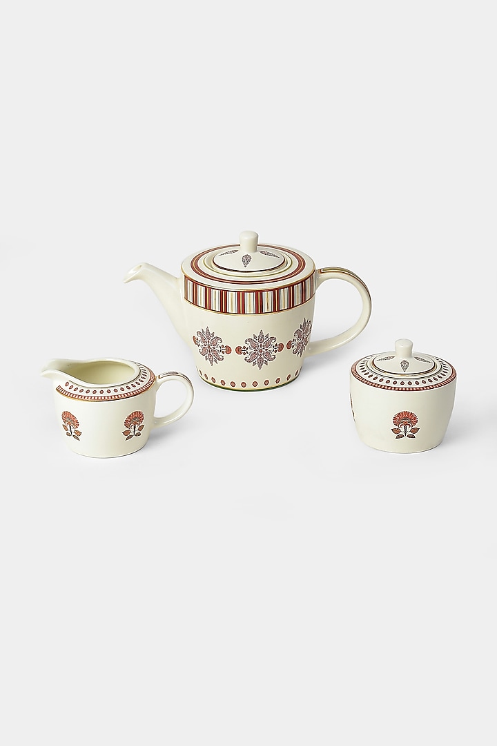Ivory Kashmiri Booti Kettle Set (Set of 3) by Ritu Kumar Home at Pernia's Pop Up Shop