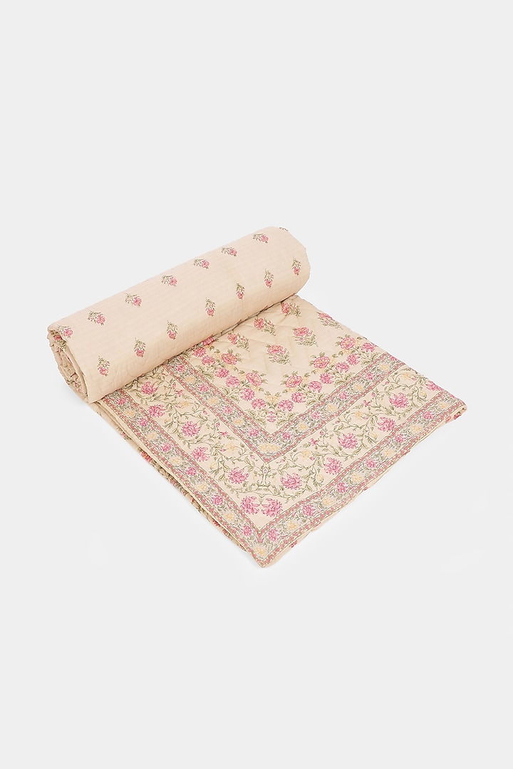 Pink & Beige Koshambi Doubled Bed Quilt by Ritu Kumar Home