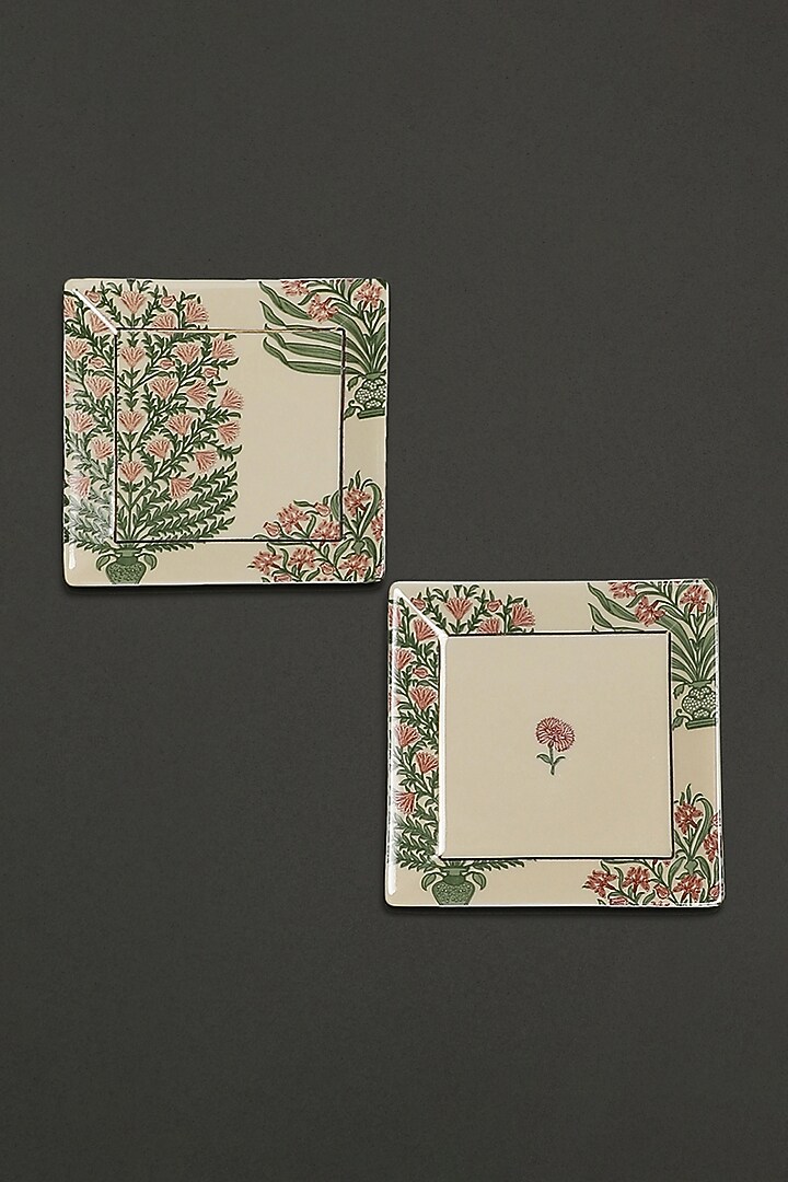 Beige Uttam Floral Serving Platter (Set of 2) by Ritu Kumar Home at Pernia's Pop Up Shop