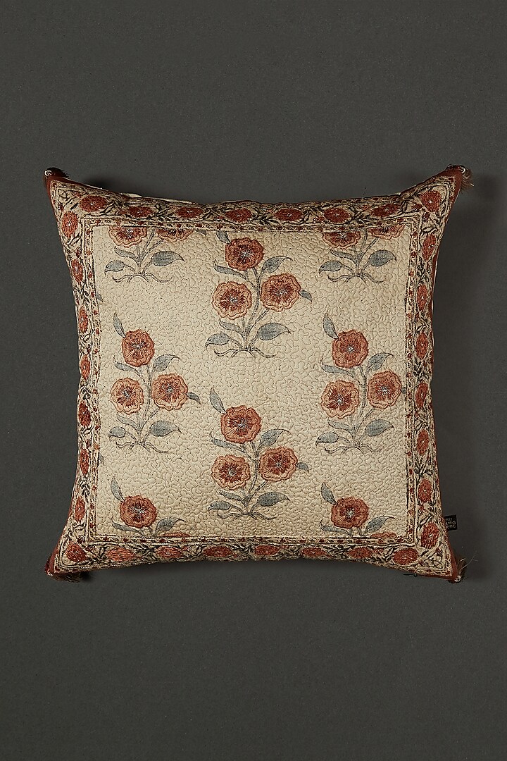 Beige Floral Printed Cushion With Filler by Ritu Kumar Home