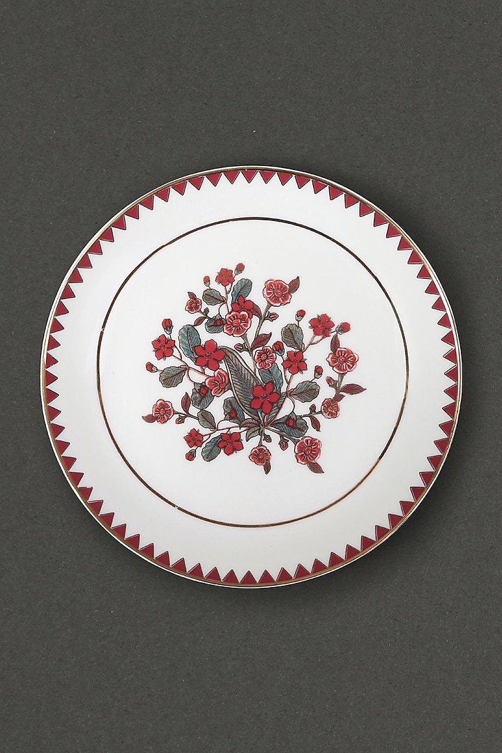 Ecru & Red Floral Side Plate (Set Of 2) by Ritu Kumar Home