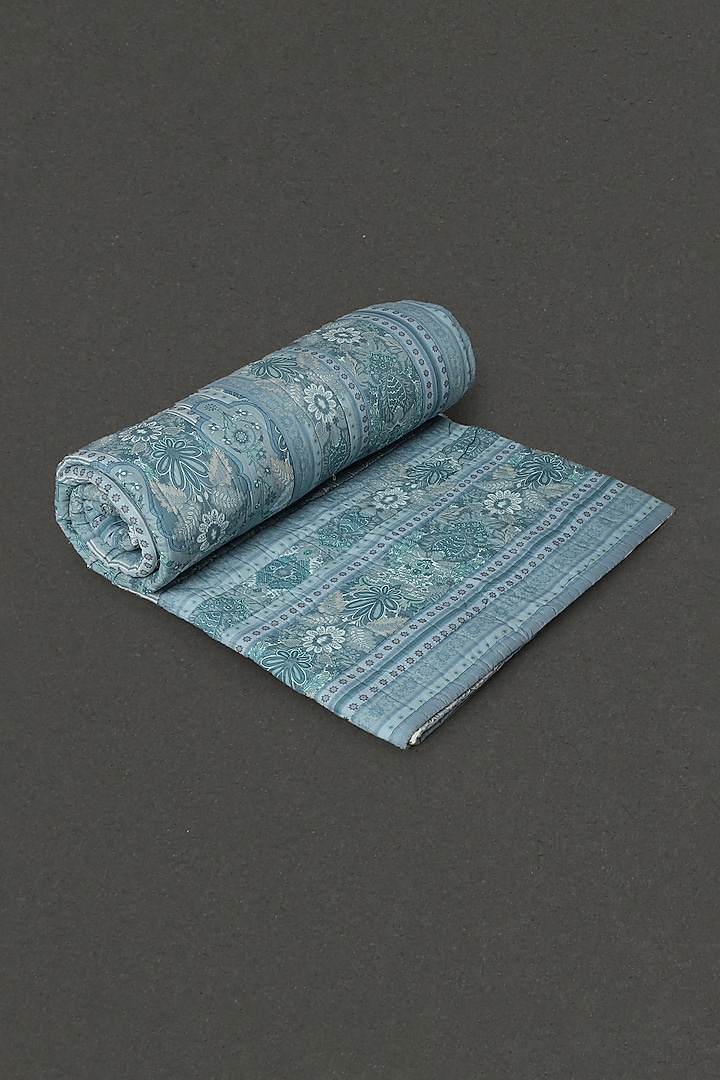 Powder Blue Printed Double Bed Quilt by Ritu Kumar Home at Pernia's Pop Up Shop