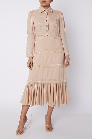 Nude Collared Dress With Ruffles by DOOR OF MAAI