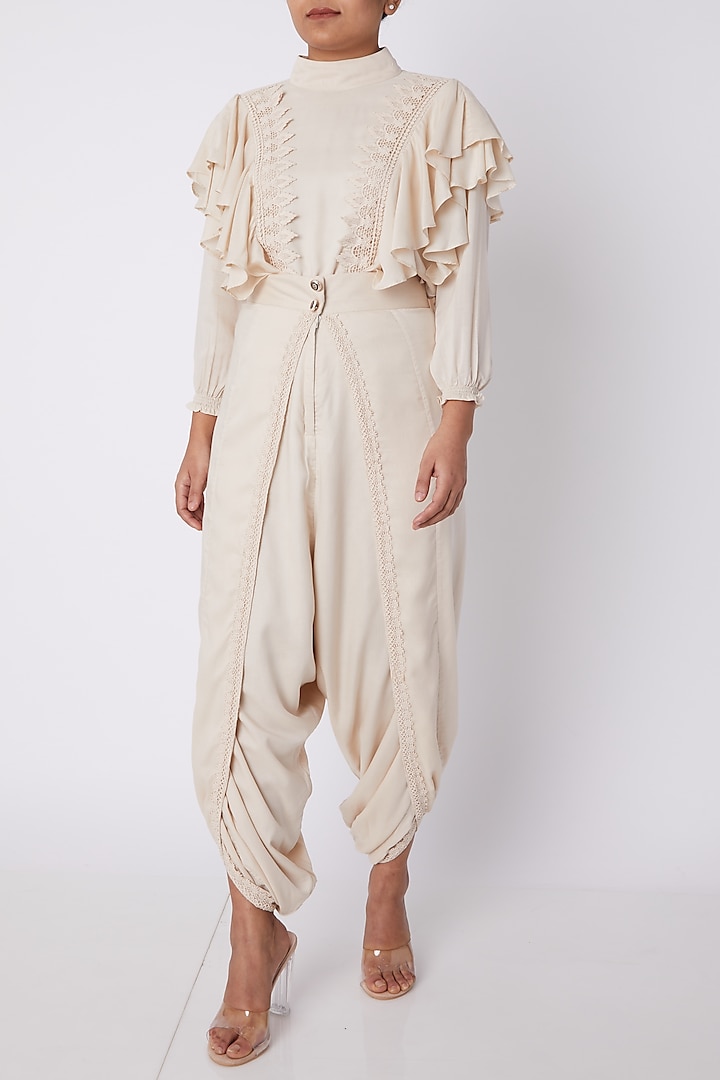 Off White Lace Dhoti Pants by DOOR OF MAAI