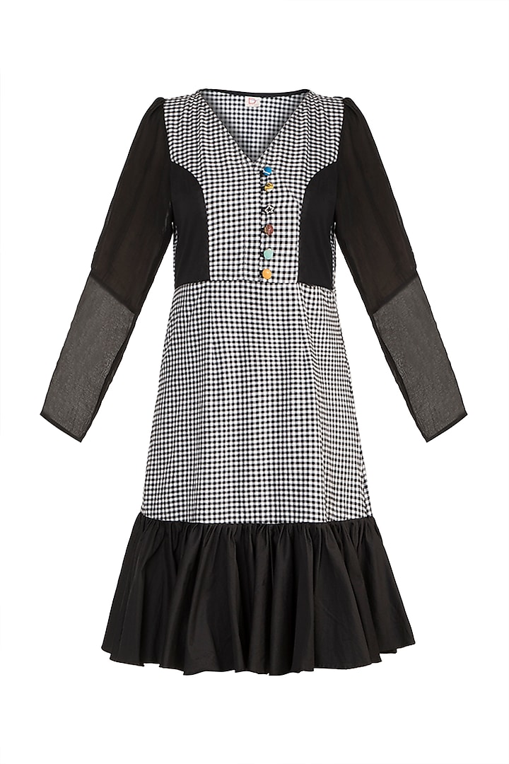 Black & White Checkered Knee Length Dress by DOOR OF MAAI