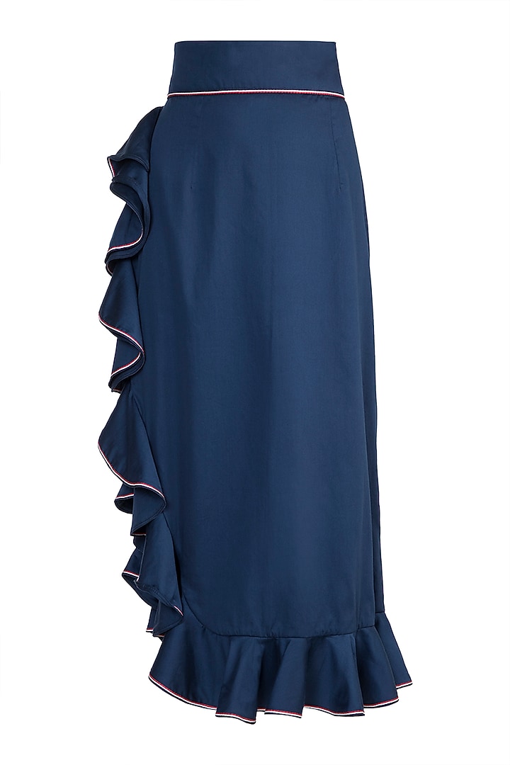 Navy Blue Ruffled Midi Skirt by DOOR OF MAAI at Pernia's Pop Up