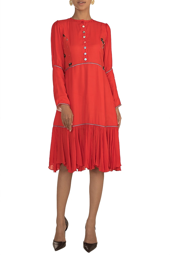 Aurora Red Embroidered & Screen Printed Summer Dress by DOOR OF MAAI at Pernia's Pop Up Shop
