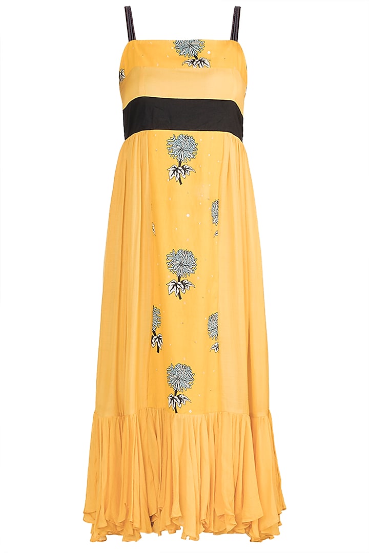 Yellow Printed & Embroidered Strappy Dress by DOOR OF MAAI