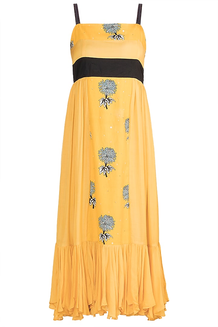 Yellow Printed & Embroidered Strappy Dress by DOOR OF MAAI at Pernia's Pop Up Shop