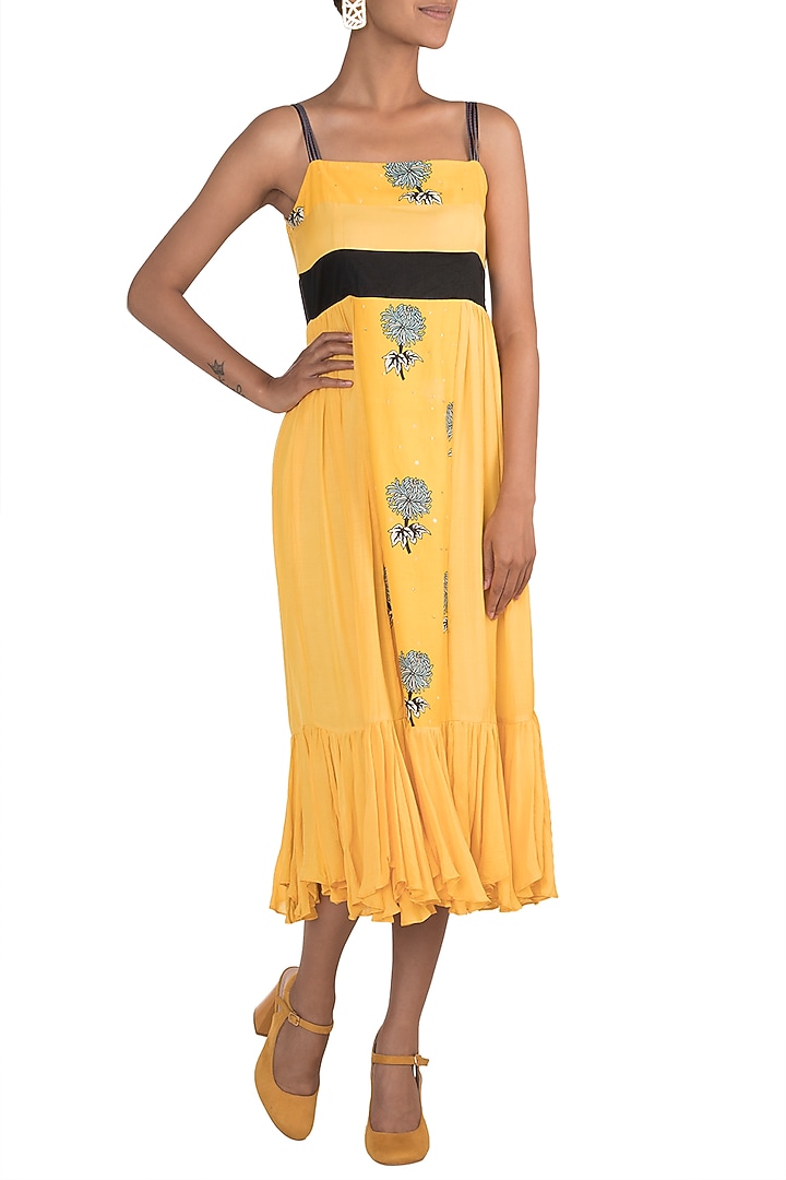 Yellow Printed & Embroidered Strappy Summer Dress by DOOR OF MAAI at Pernia's Pop Up Shop
