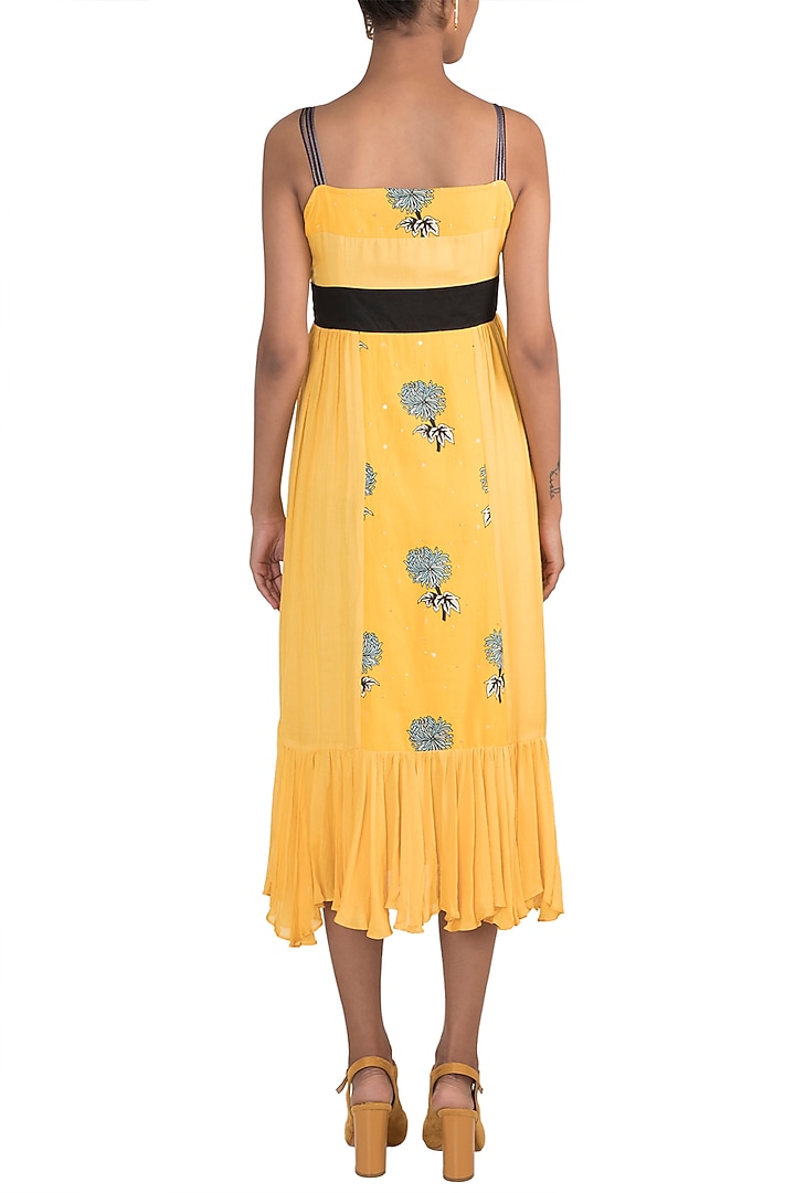 Yellow Printed & Embroidered Strappy Summer Dress by DOOR OF MAAI at Pernia's Pop Up Shop
