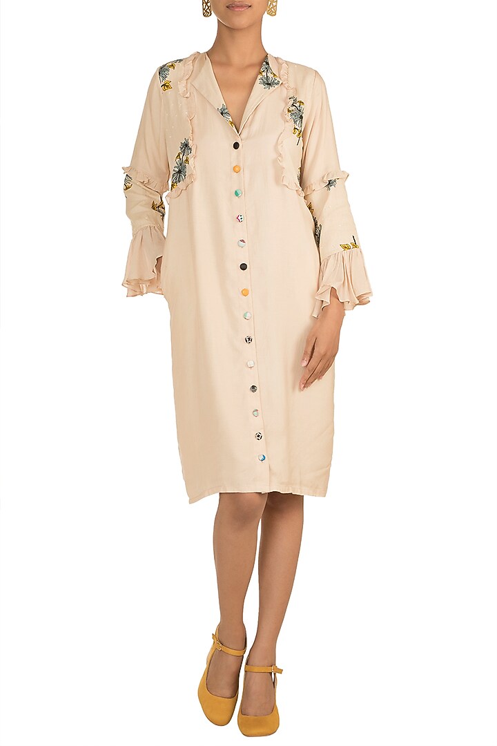 Frosted Almond Printed Ruffled Dress by DOOR OF MAAI at Pernia's Pop Up Shop