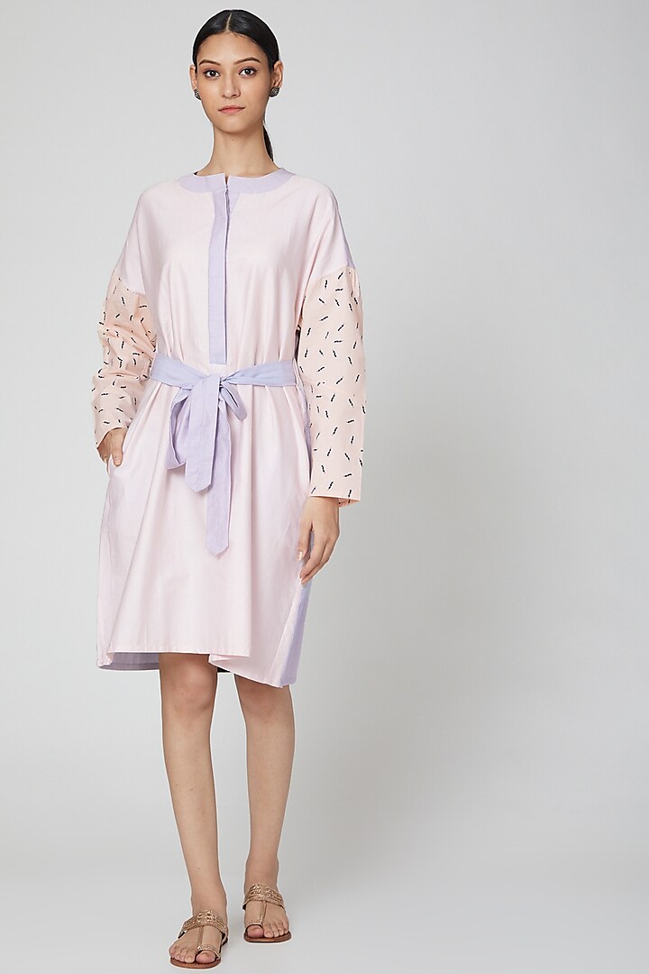 Baby Pink Printed Shirt Dress With Belt by DOOR OF MAAI at Pernia's Pop Up Shop