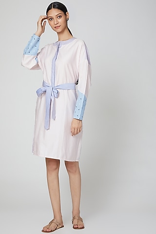 Baby Pink & Blue Printed Shirt Dress With Belt by DOOR OF MAAI