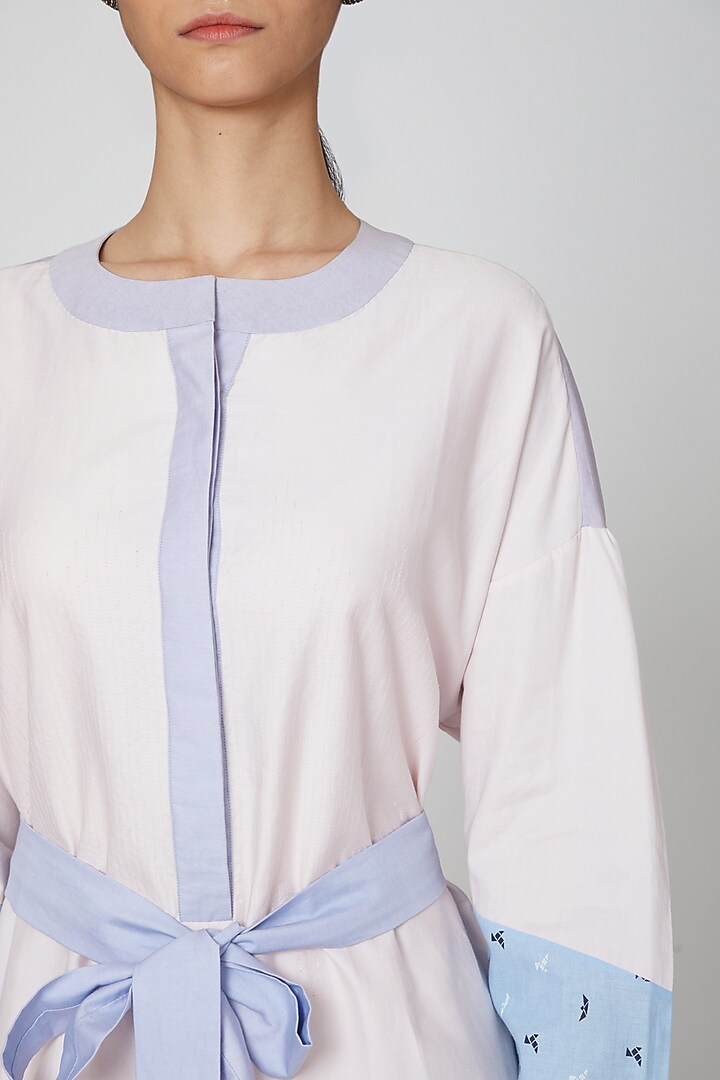 Baby Pink & Blue Printed Summer Shirt Dress With Belt by DOOR OF MAAI at Pernia's Pop Up Shop