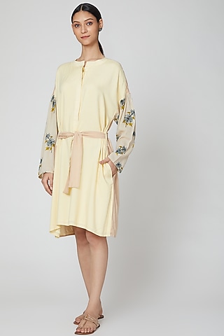 Lemon Yellow Printed Shirt Dress With Belt by DOOR OF MAAI
