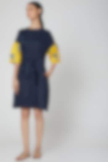 Navy Blue Printed Shirt Dress With Belt by DOOR OF MAAI