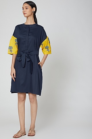 Navy Blue Printed Shirt Dress With Belt by DOOR OF MAAI