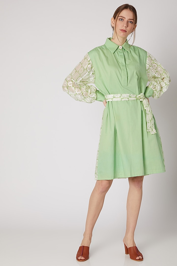 Lime Green Shirt Dress With Belt by DOOR OF MAAI at Pernia's Pop Up Shop