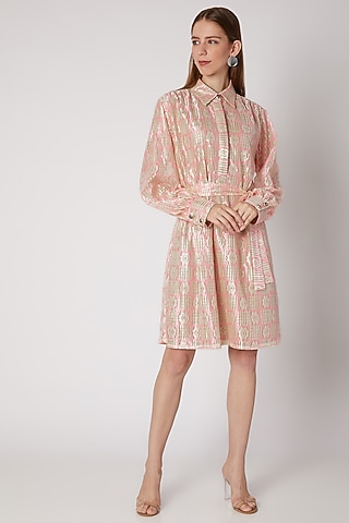 Fuchsia Collared Shirt Dress With Belt by DOOR OF MAAI