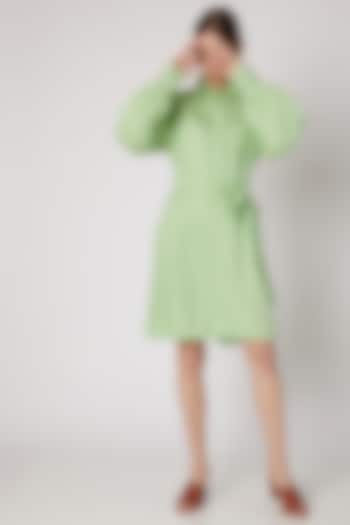 Lime Green Collared Shirt Dress With Belt by DOOR OF MAAI