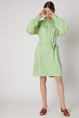 Lime Green Collared Shirt Dress With Belt by DOOR OF MAAI