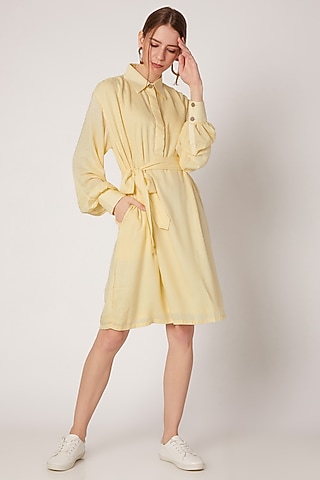 Yellow Shirt Dress With Belt by DOOR OF MAAI