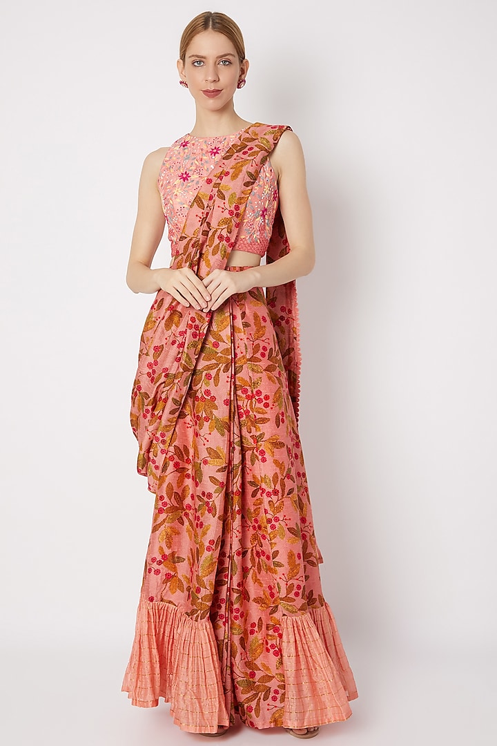 Peach Embroidered & Printed Pre-Draped Saree Design by Drishti ...