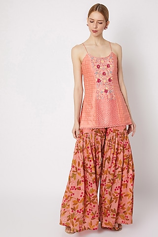 Peach Embroidered Top With Sharara Pants by Drishti & Zahabia