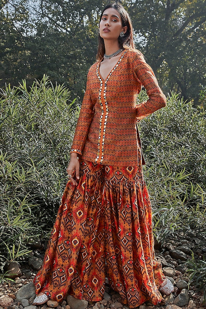 Rust Orange Embroidered Sharara Set by Drishti & Zahabia