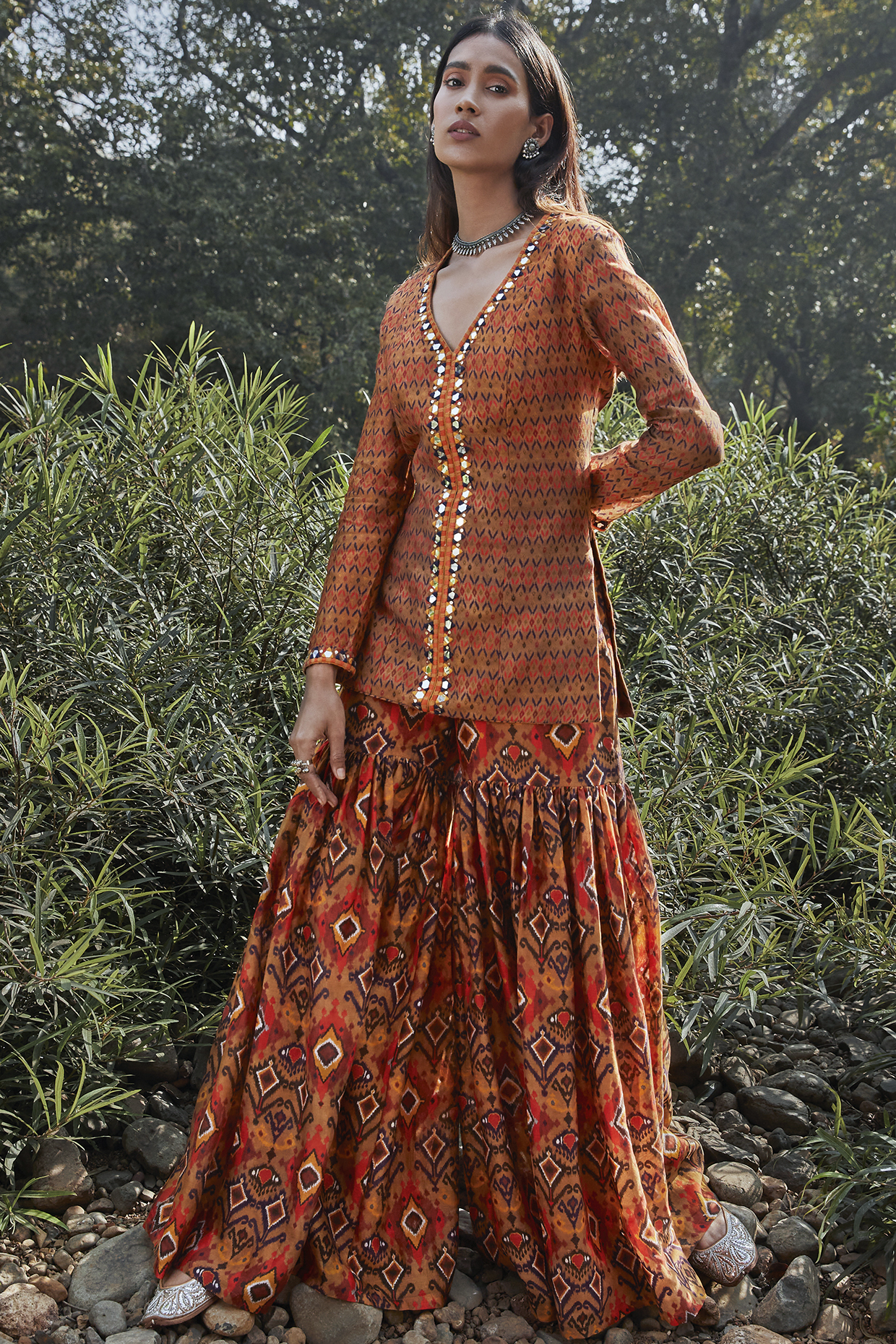 Rust Orange Embroidered Sharara Set by Drishti & Zahabia