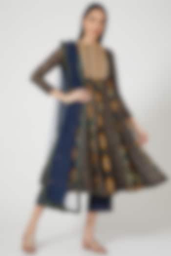 Midnight Blue Printed & Embroidered Party Wear Anarkali Set by Drishti & Zahabia at Pernia's Pop Up Shop
