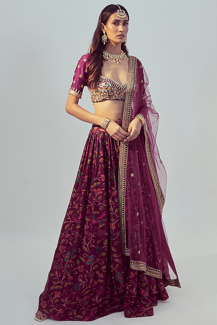 Dark Magenta Printed Lehenga Set by Drishti & Zahabia