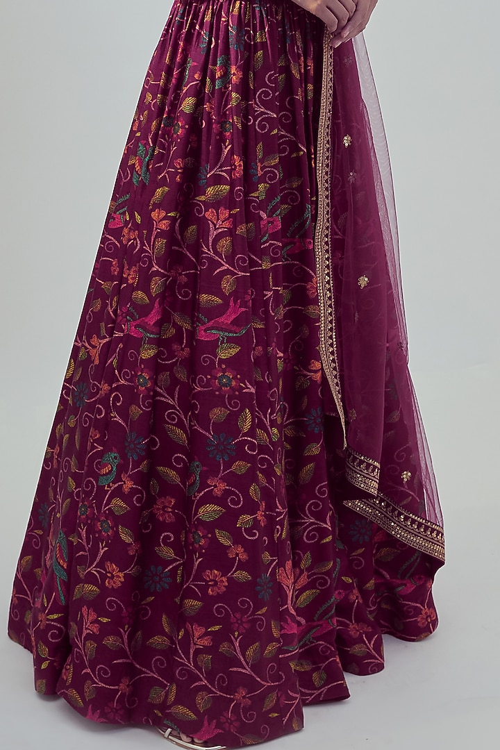 Dark Magenta Printed Wedding Lehenga Set by Drishti & Zahabia at Pernia's Pop Up Shop