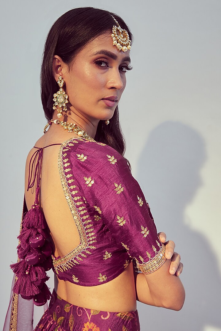 Dark Magenta Printed Wedding Lehenga Set by Drishti & Zahabia at Pernia's Pop Up Shop