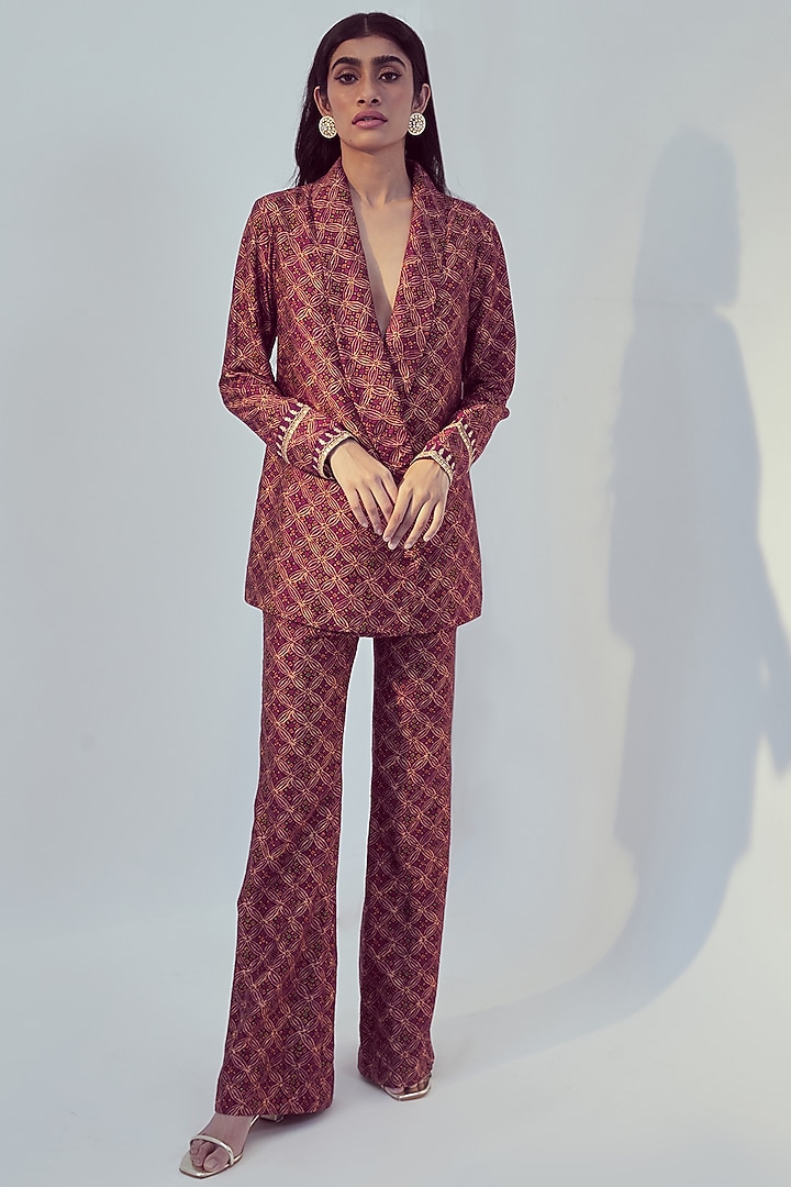 Dark Magenta Floral Printed Jacket Set by Drishti & Zahabia at Pernia's Pop Up Shop