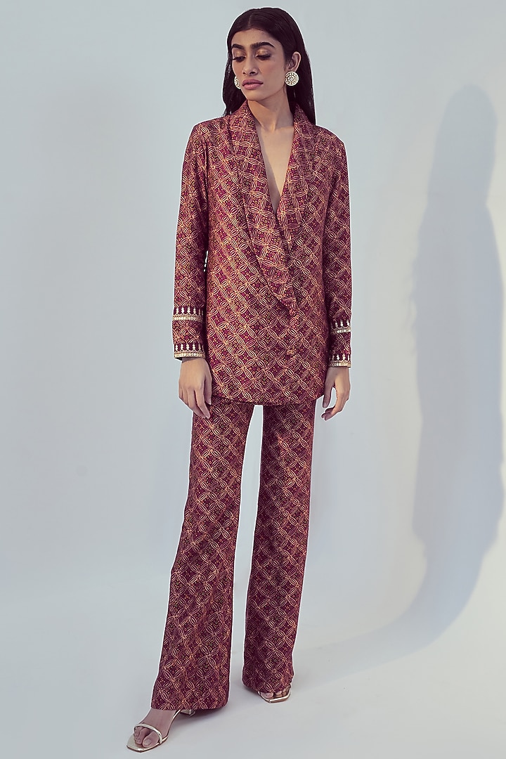 Dark Magenta Floral Printed Jacket Set by Drishti & Zahabia at Pernia's Pop Up Shop