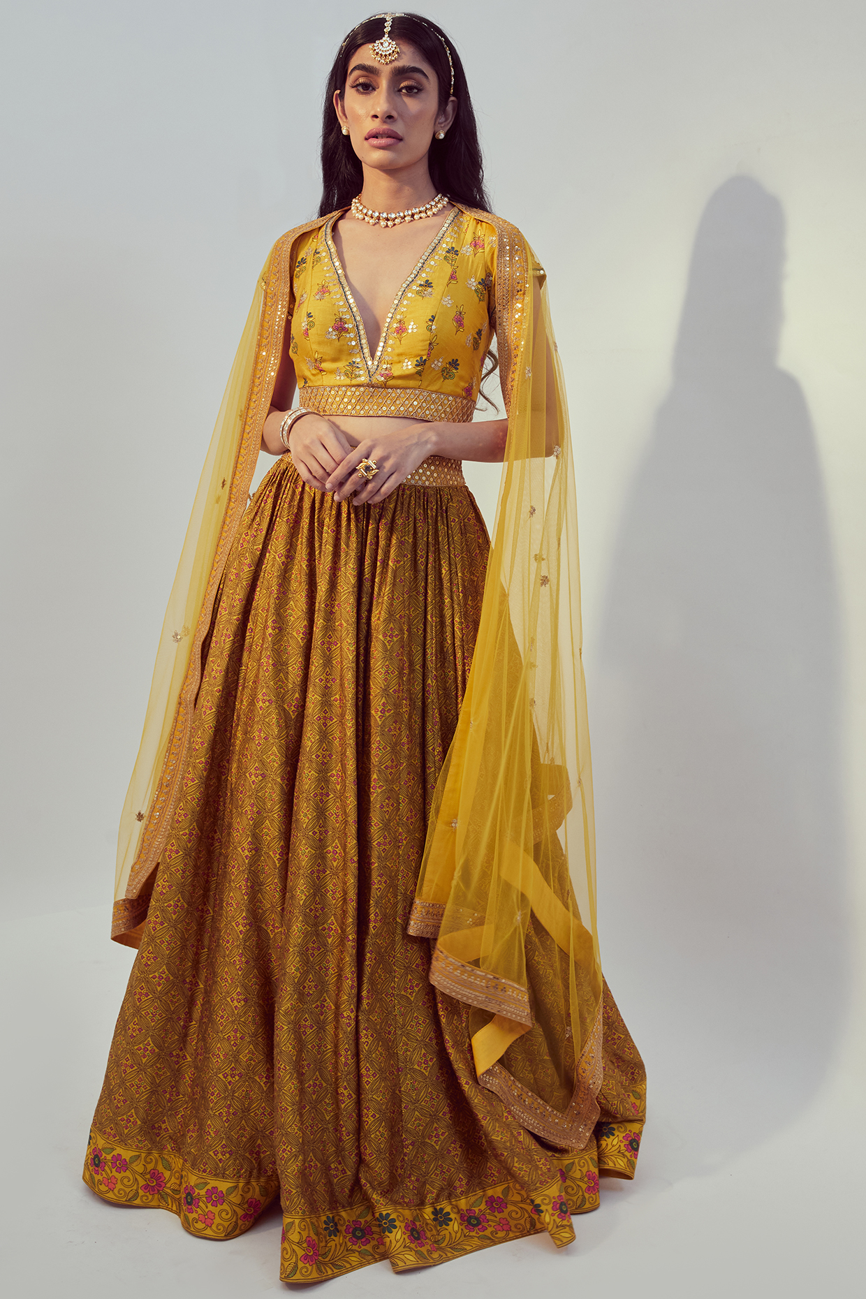 Yellow Printed Wedding Lehenga Set by Drishti & Zahabia at Pernia's Pop Up Shop