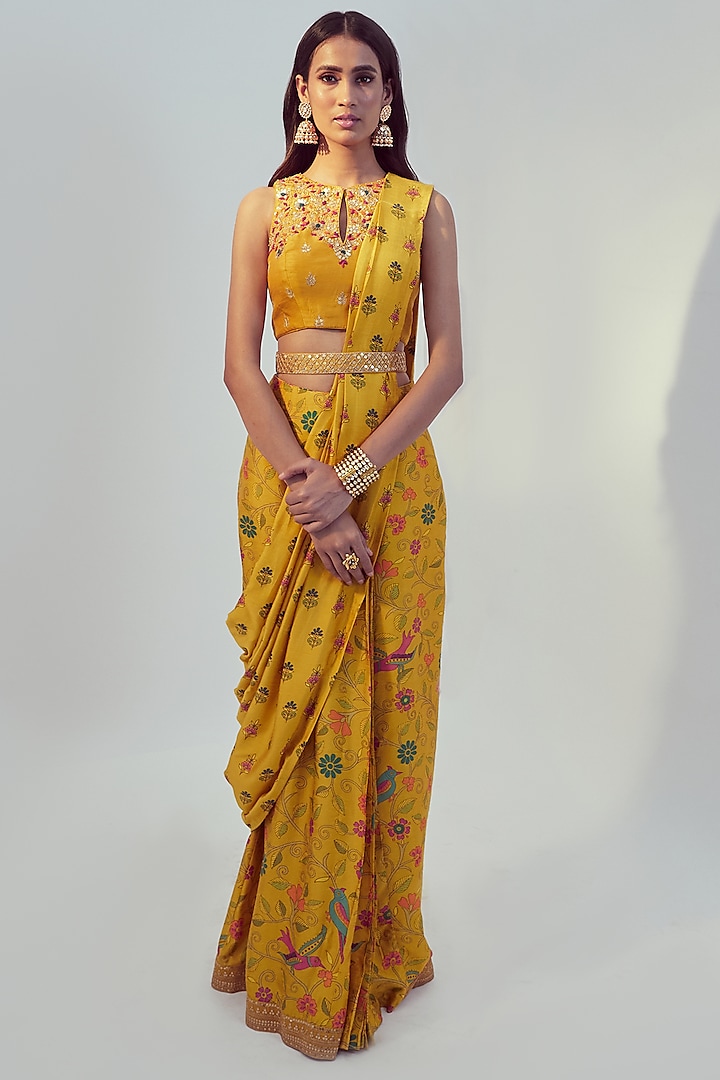 Yellow Dupion Silk Floral Printed Pre-Draped Saree Set by Drishti & Zahabia