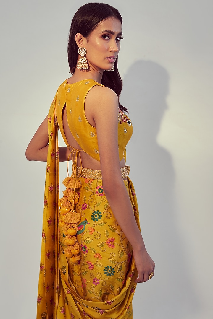 Yellow Dupion Silk Floral Printed Pre-Draped Party Wear Saree Set by Drishti & Zahabia at Pernia's Pop Up Shop