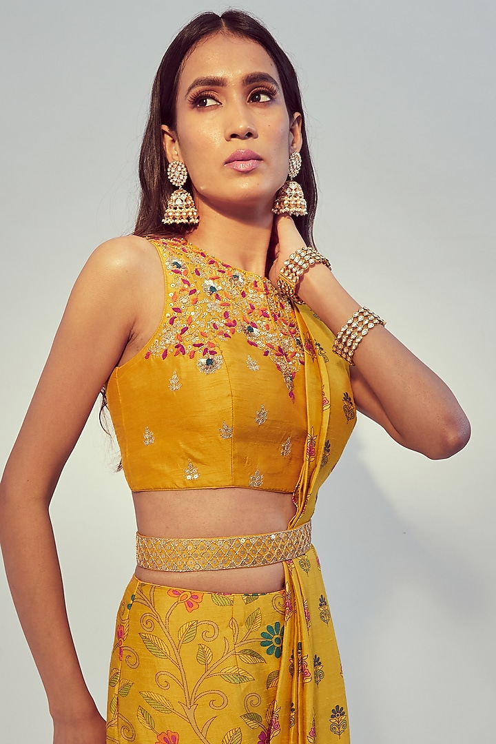 Yellow Dupion Silk Floral Printed Pre-Draped Party Wear Saree Set by Drishti & Zahabia at Pernia's Pop Up Shop