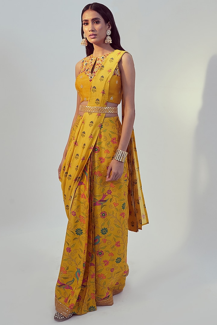 Yellow Dupion Silk Floral Printed Pre-Draped Party Wear Saree Set by Drishti & Zahabia at Pernia's Pop Up Shop