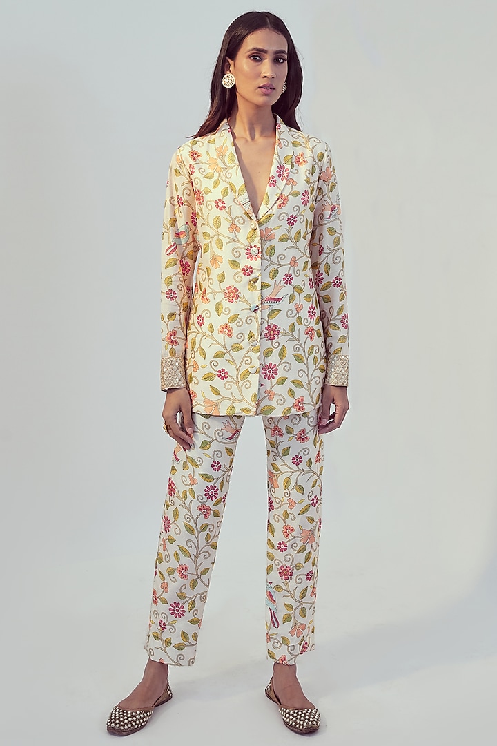 Ivory Floral Printed Jacket Set by Drishti & Zahabia at Pernia's Pop Up Shop