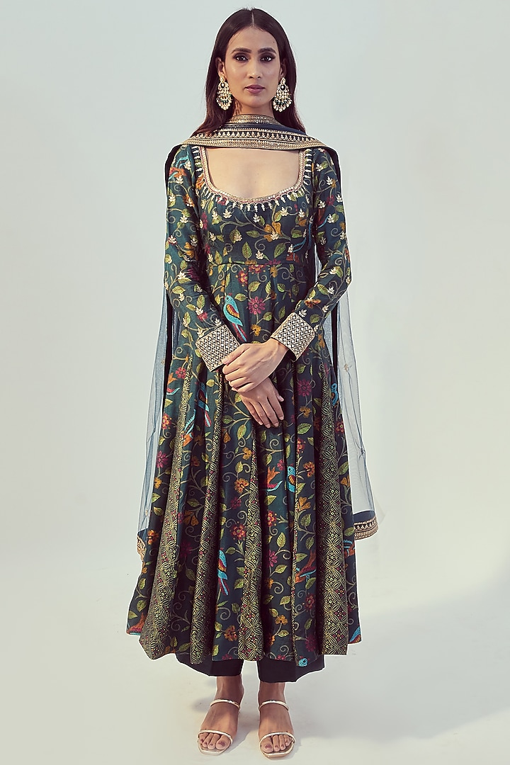 Olive Printed & Hand Embroidered Anarkali Set by Drishti & Zahabia at Pernia's Pop Up Shop