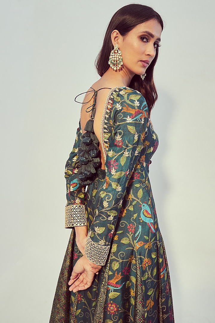Olive Printed & Hand Embroidered Wedding Anarkali Set by Drishti & Zahabia at Pernia's Pop Up Shop