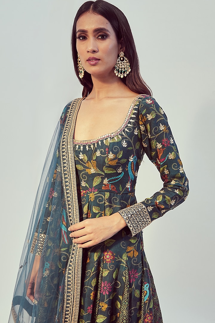 Olive Printed & Hand Embroidered Wedding Anarkali Set by Drishti & Zahabia at Pernia's Pop Up Shop