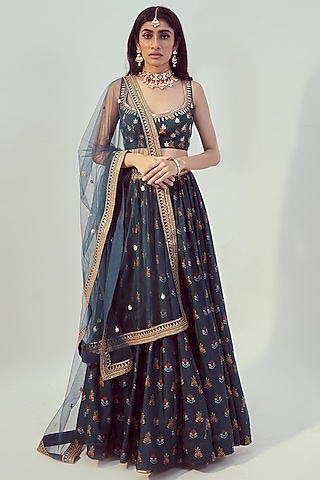 Teal Printed & Hand Embroidered Lehenga Set by Drishti & Zahabia