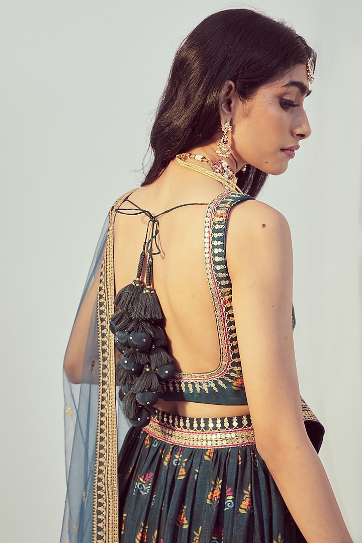 Teal Printed & Hand Embroidered Wedding Lehenga Set by Drishti & Zahabia at Pernia's Pop Up Shop